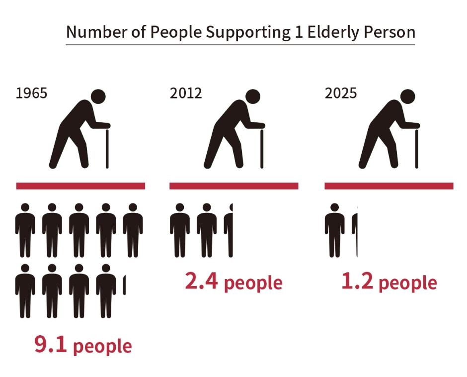 A chart showing the number of working-age people supporting one elderly person at different points in time: in 1965, 9.1 working-age people supported one elderly person; in 2012, the number decreased to 2.4; and by 2025, it is projected to be 1.2. This is visually represented.